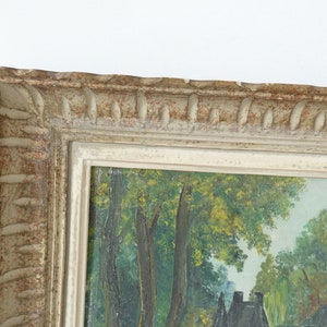 Peinture à l'huile antique française d'une scène de paysage de forêt de campagne avec manoir image 3