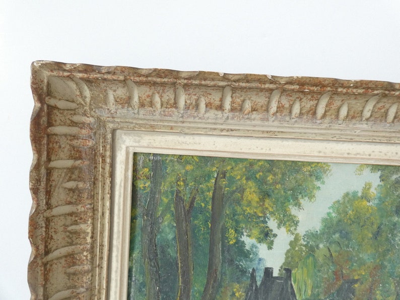 Peinture à l'huile antique française d'une scène de paysage de forêt de campagne avec manoir image 3