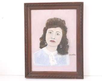 French oil portrait painting of a french brunette women signed