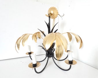 French vintage tole tolex fern black and gold chandelier