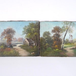 French vintage set of 2 two oil paintings of a countryside windmill and house landscape