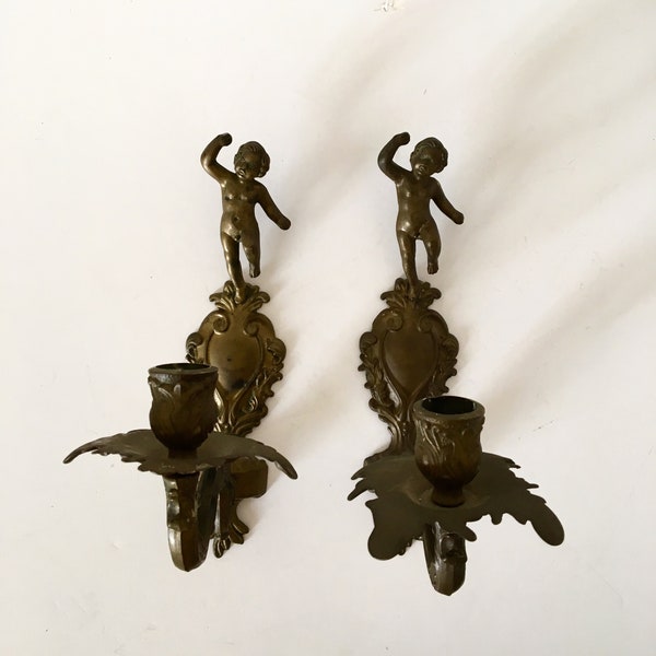 vintage Français Bronze Chérubin, Appliques Angel / appliques murales Shabby Château Chic, Rétro Français Décor de campagne