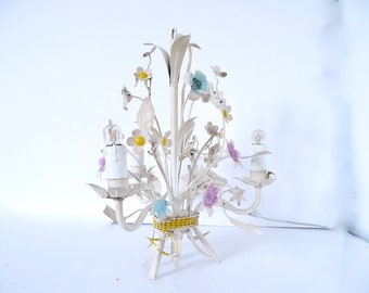 Lustre francês vintage de metal tole voilet amarelo e azul verde multifloral - luminária-pingente