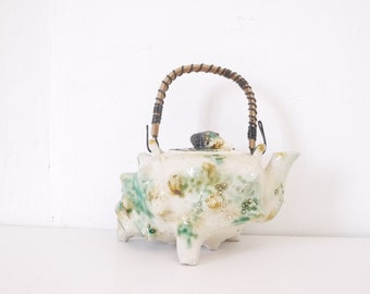 French vintage Tea pot  barbotine painted porcelain majolica shell form