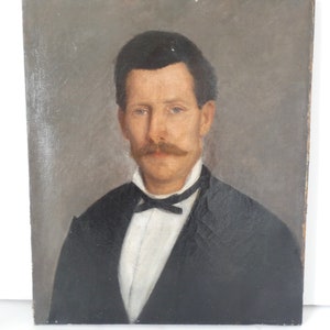 Pintura masculina de retrato al óleo vintage francés 19c.