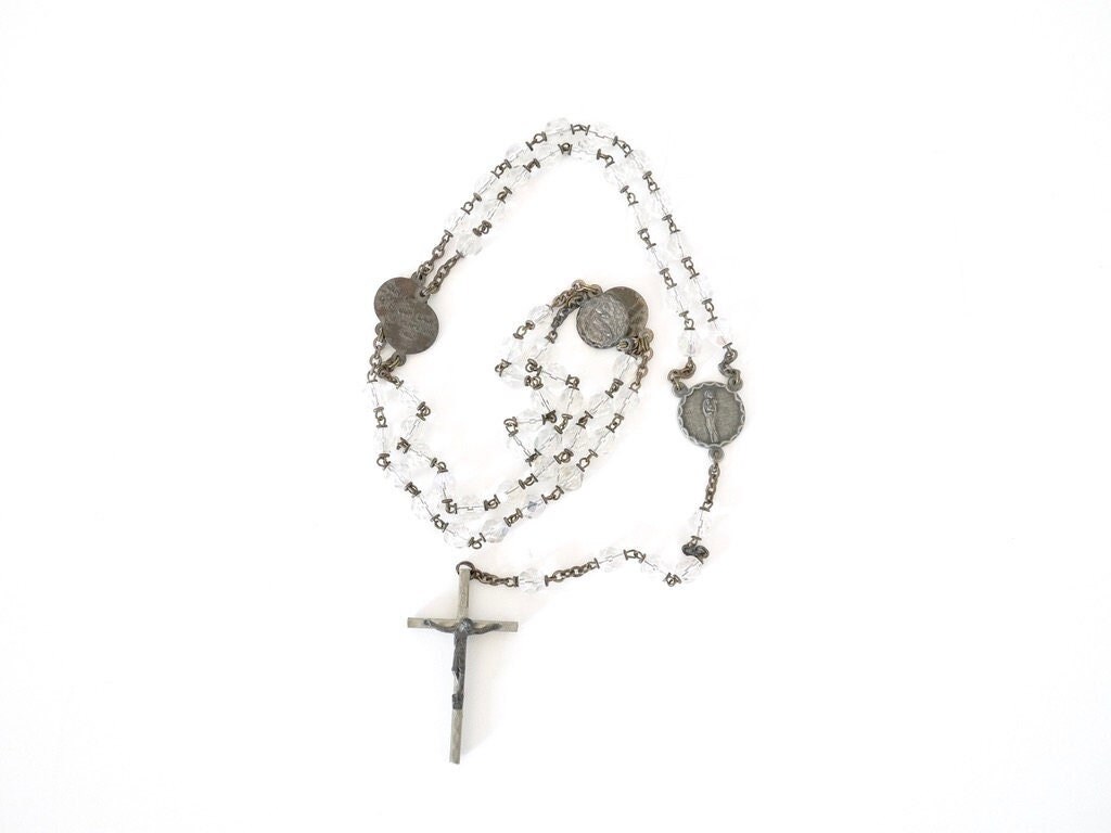 Français Chapelet Antique en Cristal Religieux Vintage Perlé