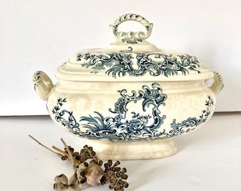 Franse blauw-witte Ironstone-soepterrine – Blue Bird & Butterfly Decor 19c