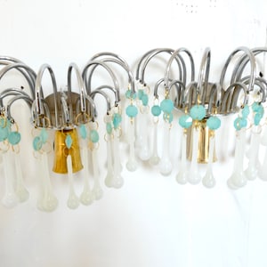 French Vintage wall sconces crystal Waterfall white and turquoise octagonal drops Mid century gold and silver
