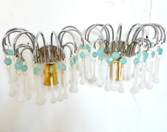 French Vintage wall sconces crystal Waterfall white and turquoise octagonal drops Mid century gold and silver