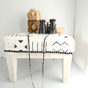 Vintage french wooden footstool ottoman mud cloth ethnic african ottoman stool