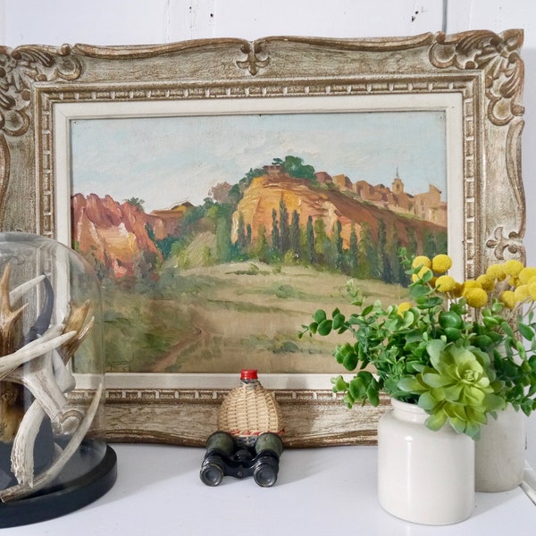 Pittura ad olio di paesaggio montano vintage francese incorniciato e firmato