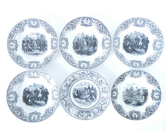 Antique transfer ware plates Ironstone black white Creil Plates, 19c set of six Napoleon Bonaparte theme