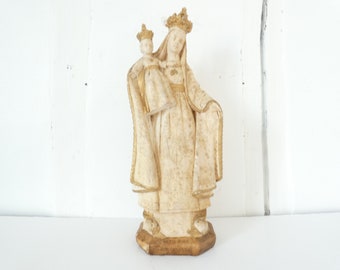 French Antique Madonna and baby gilded religious statue extra large faded