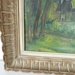 Peinture à l'huile antique française d'une scène de paysage de forêt de campagne avec manoir image 7