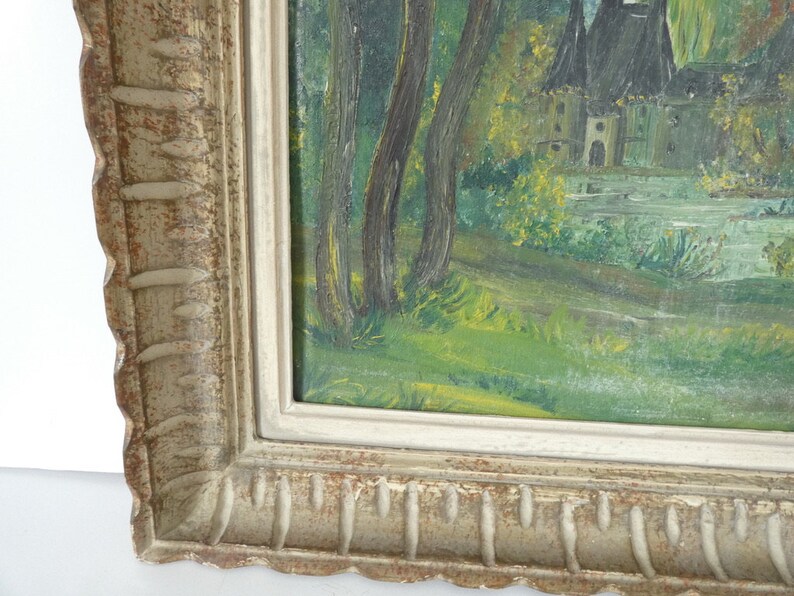 Peinture à l'huile antique française d'une scène de paysage de forêt de campagne avec manoir image 7