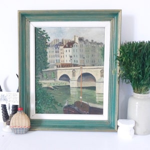 French vintage oil painting of a townhouses river bridge scene rustic primitive