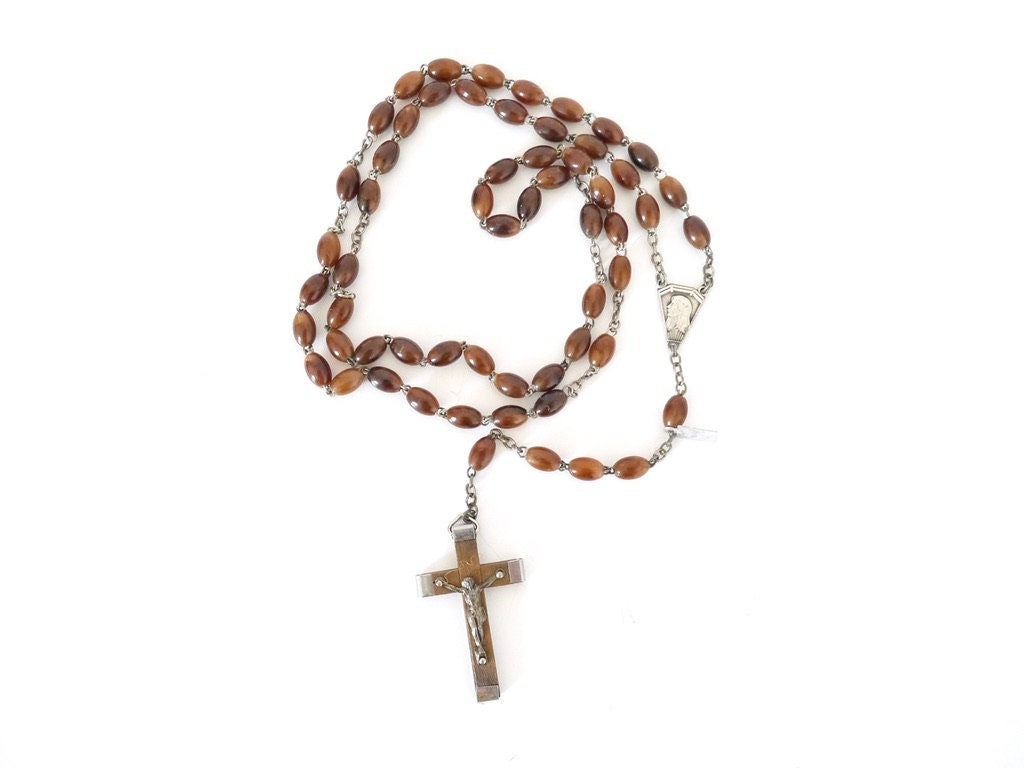 Français Chapelet Antique Ovale Religieux Vintage Perlé Brun