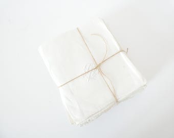 フランス製アンティークホワイトダマスク柄リネンナプキン4枚セット