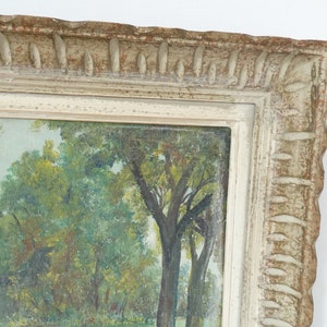 Peinture à l'huile antique française d'une scène de paysage de forêt de campagne avec manoir image 4