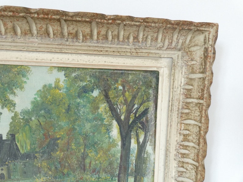 Peinture à l'huile antique française d'une scène de paysage de forêt de campagne avec manoir image 4