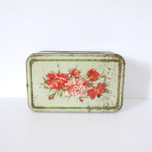 French Vintage metal box tin almond green with carnations in red-orange rusty shabby