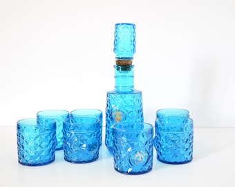 French vintage blue glass decanter set with glasses 8 Martel Liquor