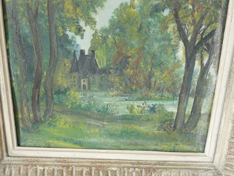 Peinture à l'huile antique française d'une scène de paysage de forêt de campagne avec manoir image 6