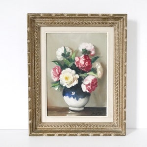 French vintage floral white and pink roses still life signed
