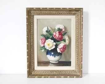 アンティーク フランス花油絵、花瓶のバラの花、ピンクのバラ、静物画