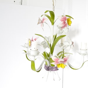 French Vintage metal chandelier multicoloured floral bouquet tole tolex
