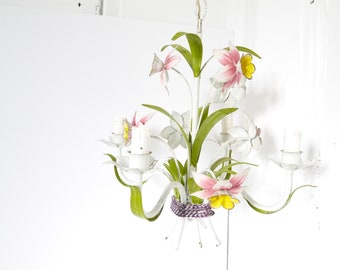 French Vintage metal chandelier multicoloured floral bouquet tole tolex