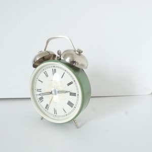 Russian vintage green pastel jantaz clock. Vintage 1960. Metal alarm clock. Loft deco. Desk accessory. Clock 60s