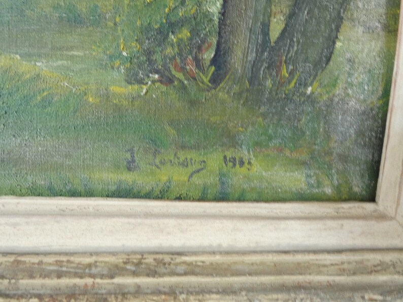 Peinture à l'huile antique française d'une scène de paysage de forêt de campagne avec manoir image 8