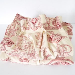 French Antique Drape Curtains Provencal French toile de Jouy 30X95 long panels window PAIR (2) RED farm animals