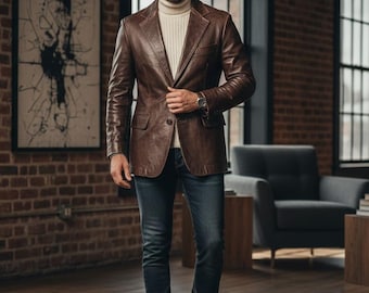 Men's Handmade Brown Leather Blazer | Vintage Tailored Fit