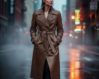 Handmade Distressed Brown Sheepskin Leather Trench Coat: Vintage Retro Style