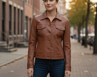Handmade Cognac Brown Leather Trucker Jacket: Women's Vintage Moto Coat