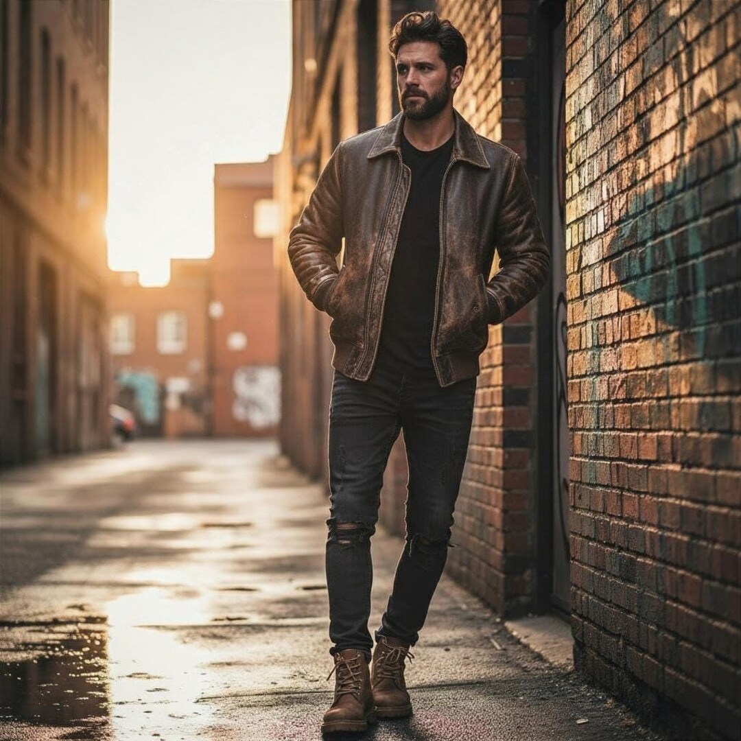 Blouson Aviateur Homme En Cuir Véritable Marron Vieilli - Zayn Leather - Tailles XS à 4XL