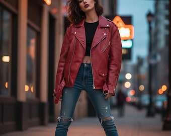 Handmade Red Lambskin Leather Biker Jacket - Women's Casual Fit