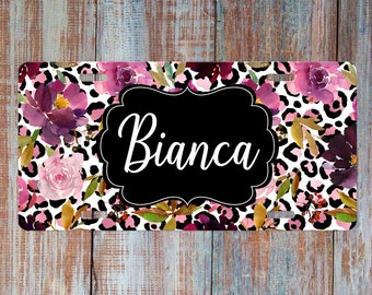 Leopard License Plate White Gold,Orange Animal Print Floral Purple Personalized Front Car Tag for Women Black Fuschia Name Car Plate
