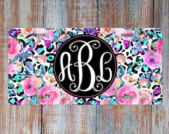 White Leopard License Plate Personalized License Plate Front Car Plate for Women First Name Car Plate Pink Black Floral License Plate