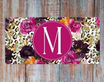 Leopard License Plate White Gold,Orange Animal Print Floral Purple Personalized Front Car Tag for Women Black Fuschia Name Car Plate