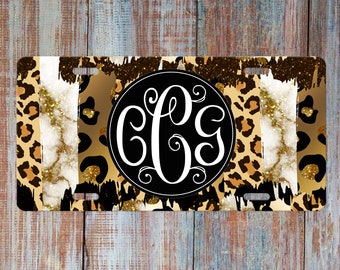 Leopard License Plate White Gold,Orange Animal Print Floral Purple Personalized Front Car Tag for Women Black Fuschia Name Car Plate