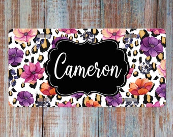 Leopard License Plate White Gold,Orange Animal Print Floral Purple Personalized Front Car Tag for Women Black Fuschia Name Car Plate