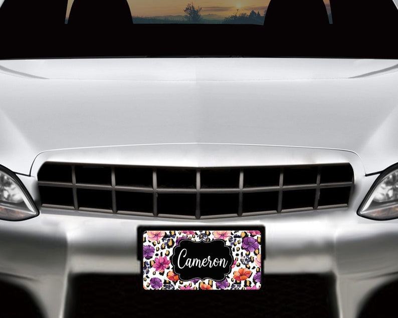 Leopard License Plate White Gold,Orange Animal Print Floral Purple Personalized Front Car Tag for Women Black Fuschia Name Car Plate