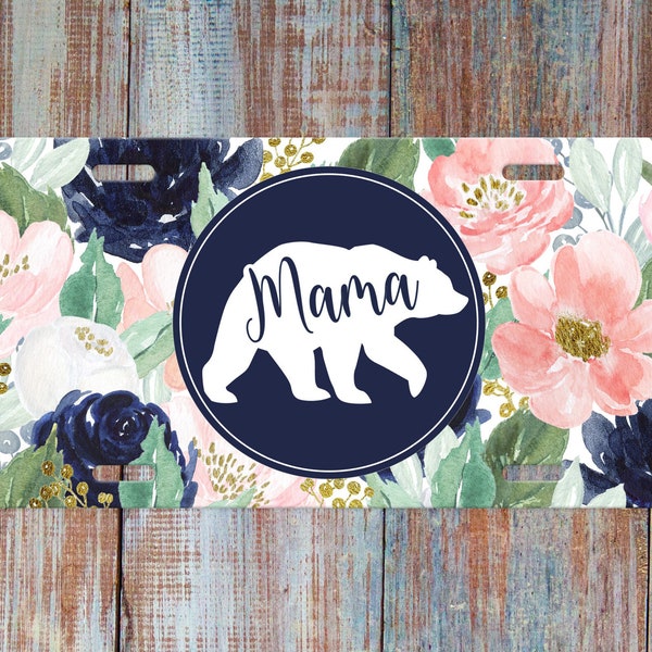 Mama Bear License Plate, Custom Front Car Tag, License Plate for Women, Gift for Mom, Floral Watercolor, Navy Blue, White, Blush Pink, Gold