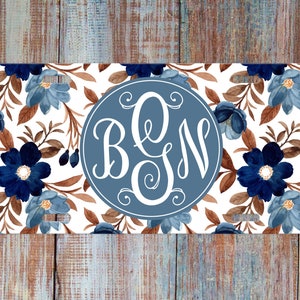 Personalized Floral License Plate, Front Car Tag, Monogram Car Plate, Car Tag for Women, Vanity Plate, Watercolor Floral, Blue, White, Brown