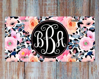 Leopard Floral License Plate, Monogram Car Plate, Personalized Car Tag, Front Car Plate for Women, Boho Watercolor Floral, Black, White,Pink