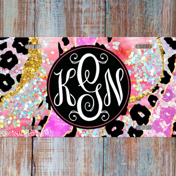 Leopard Glitter License Plate, Monogram Car Plate, Personalized Front Car Tag, License Plate for Women, Black, White, Pink, Purple, Gold