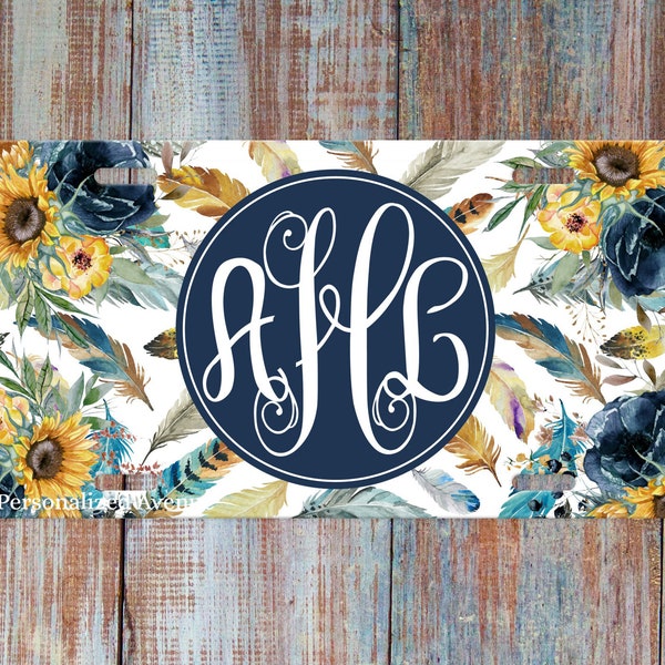 Personalized License Plate, Monogram Car Plate, Front Car Tag for Women, Boho Feathers, Sunflower, Floral Watercolor, Dark Blue, White, Gold